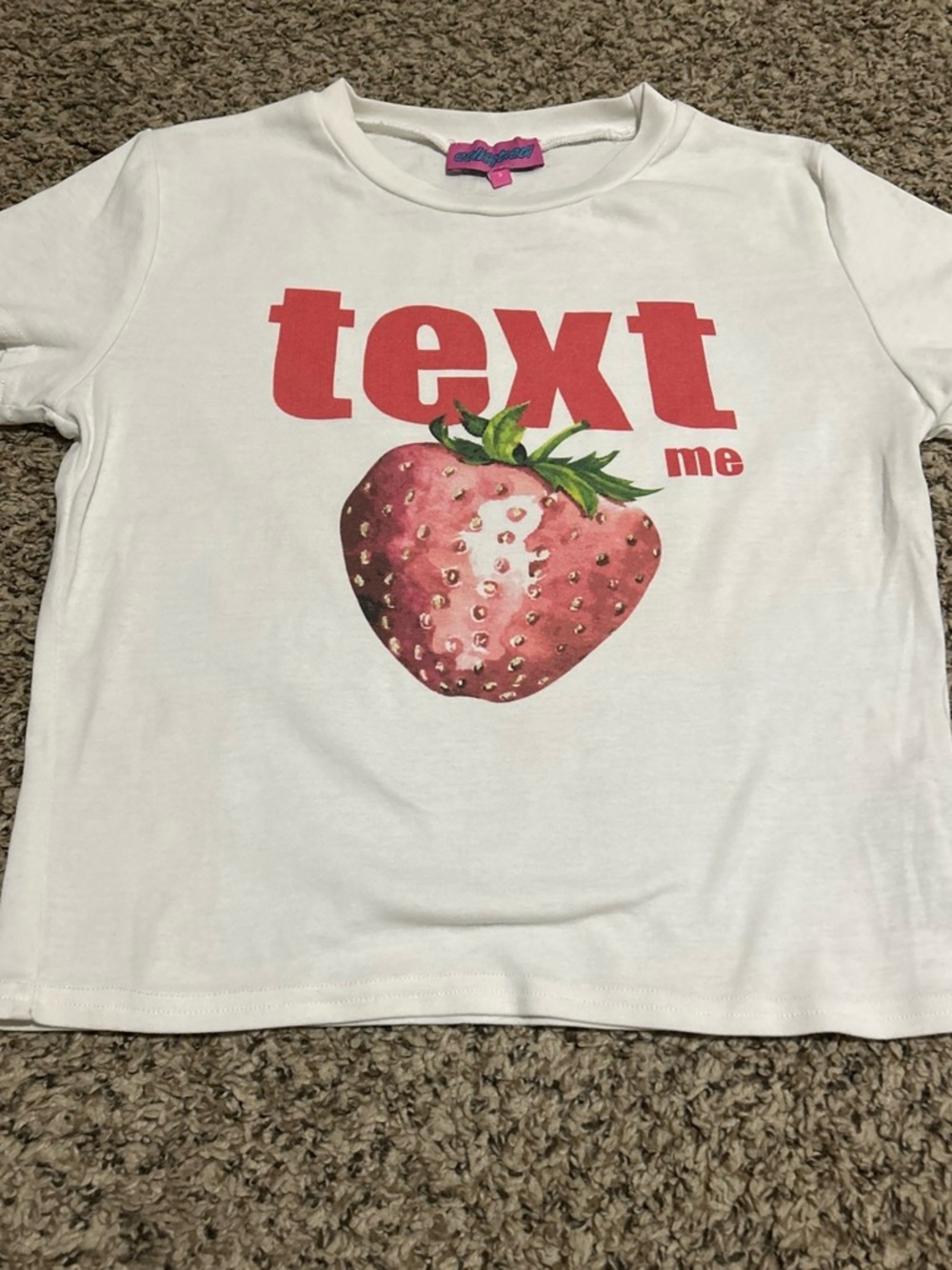 White Graphic Tee with Pink Strawberry "text me" Print